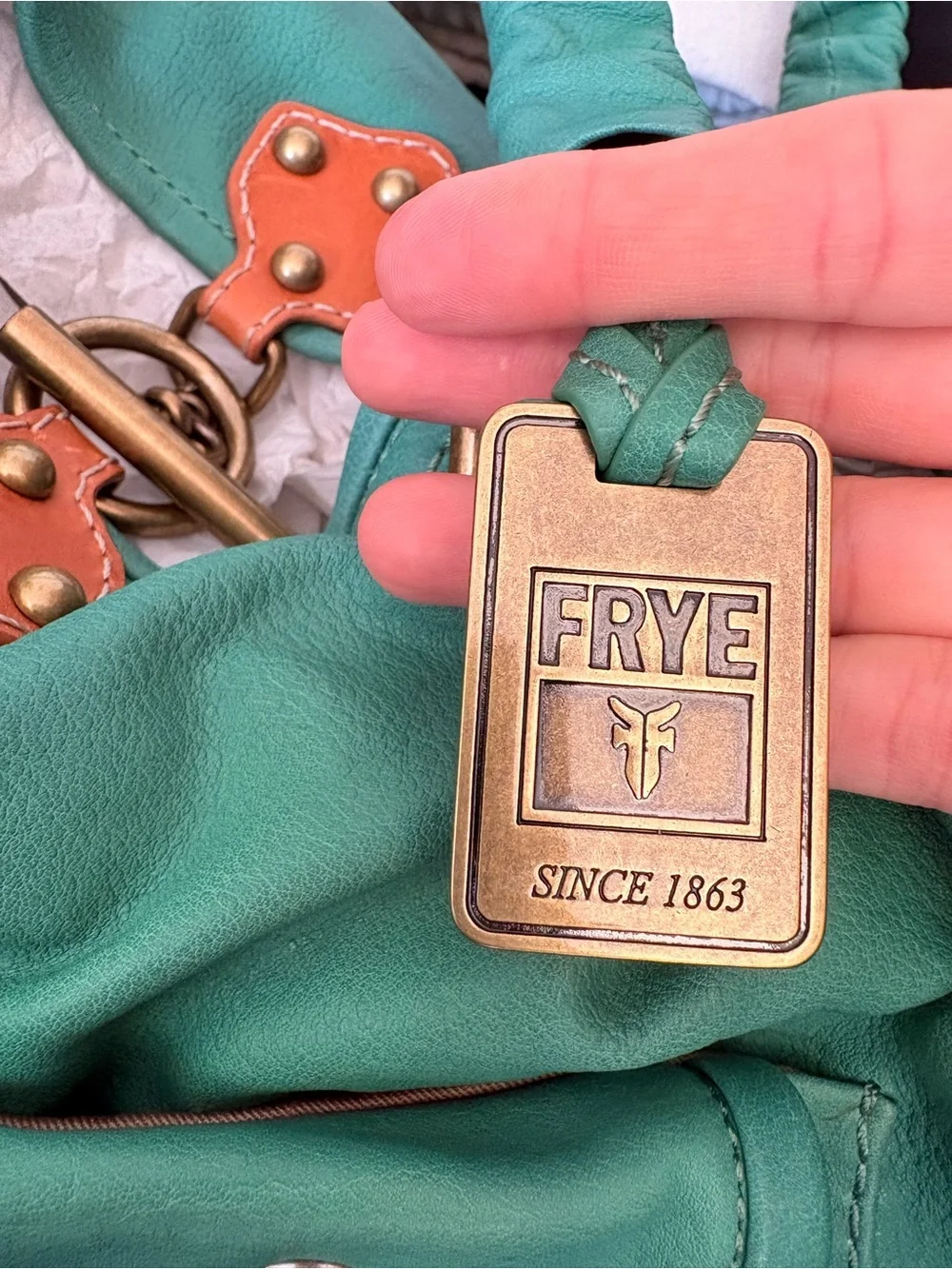 RARE Y2K Frye Turquoise Leather Ruched-Handle Shoulder Bag with Brass Hardware